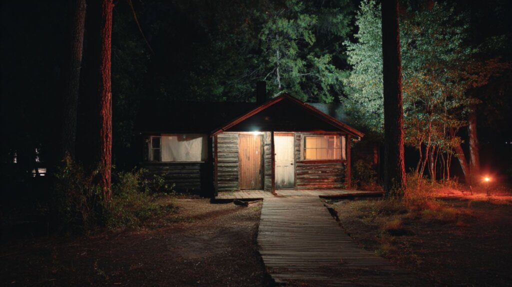 Melhores filme de terror de 2026 - Acampamento vazio à noite guarda restos antigos de película e equipamentos de cinema entre cabanas e árvores.